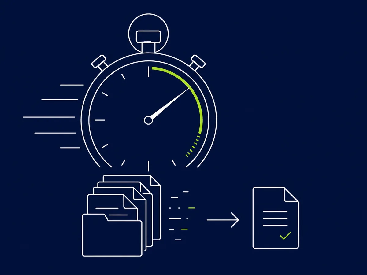 Line-art stopwatch with its dial sweeping through a lime-green arc above a stack of folders compressing into a single completed document