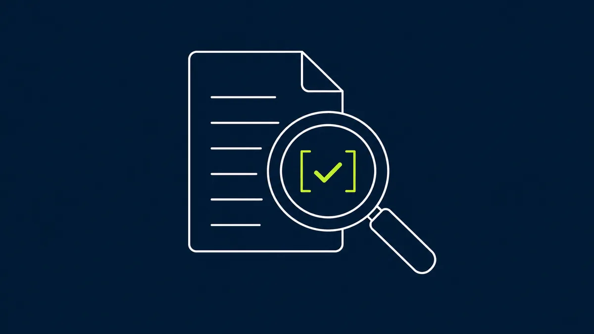 Line-art illustration of a magnifying glass over a document, with a checkmark in brackets highlighted in lime green