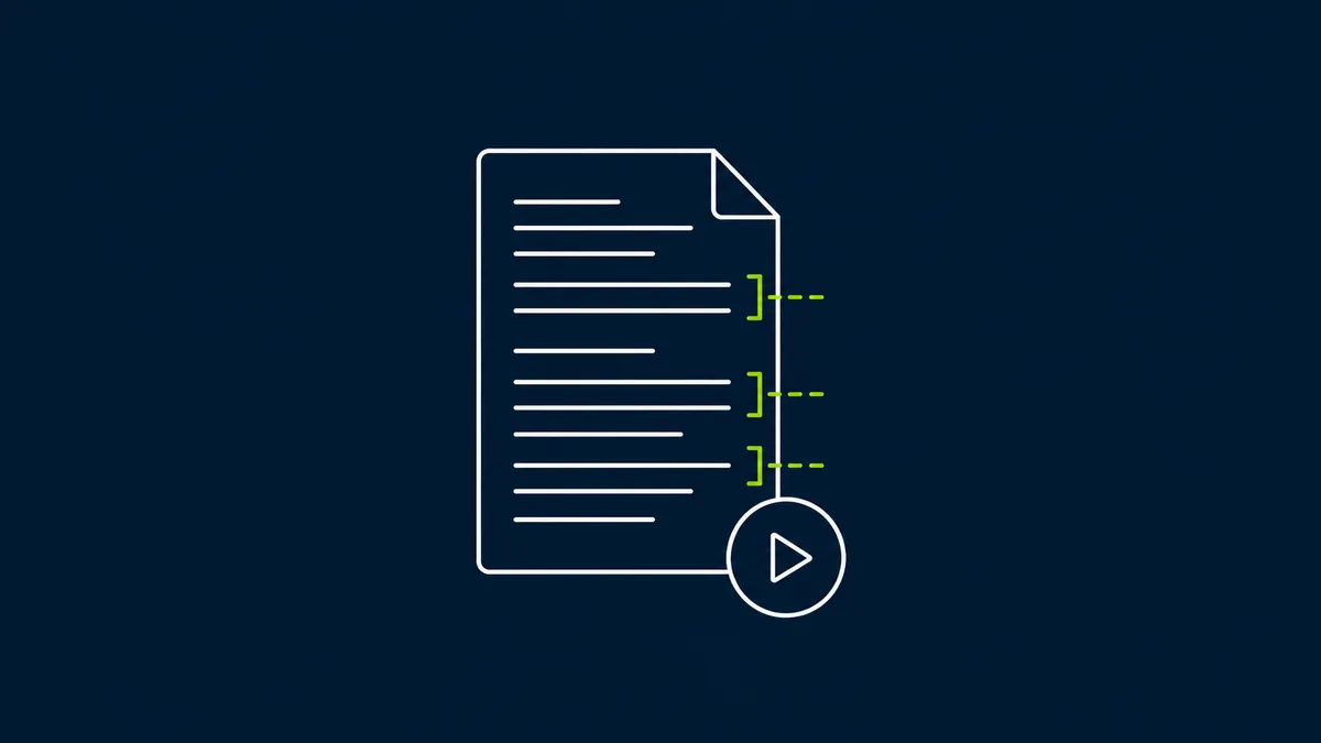 Line-art illustration of a document with a play button and annotation brackets highlighted in lime green