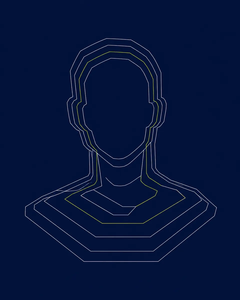 Abstract blueprint-style outline of a person's head and shoulders, built from layered contour lines with one layer highlighted in lime green