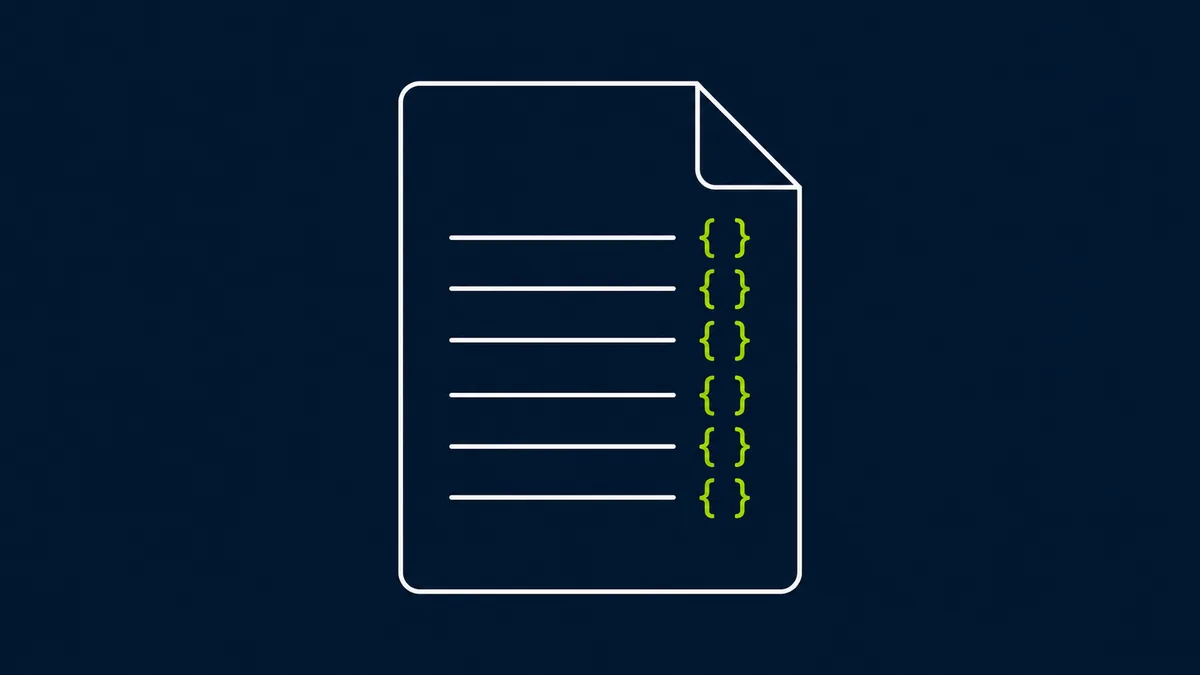 Line-art illustration of a document with bracketed placeholder tokens highlighted in lime green