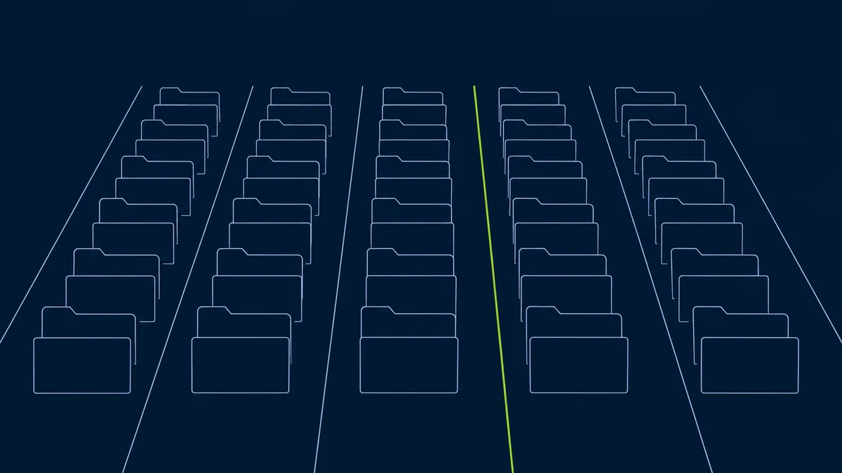 Line-art illustration of many file folders arranged in separated parallel lanes, one lane divider highlighted in lime green