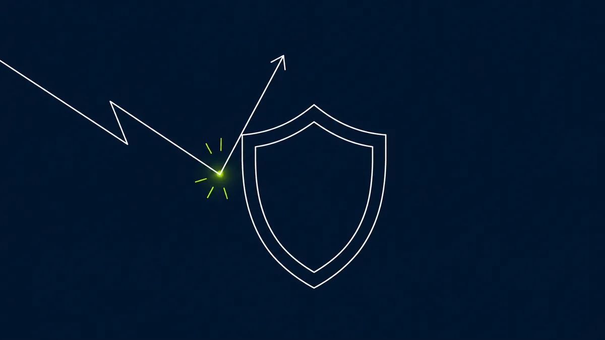 Line-art illustration of an incoming arrow deflecting off an outlined shield, the point of impact highlighted in lime green