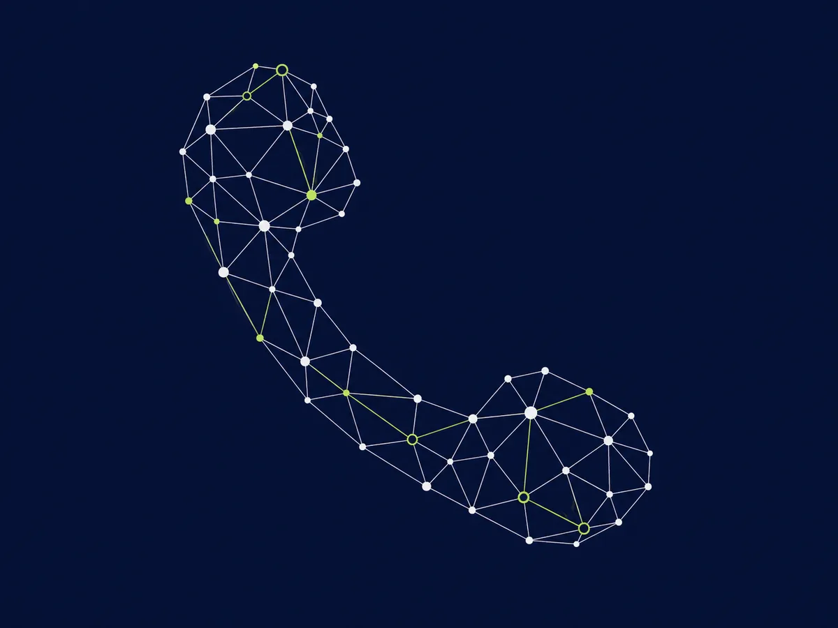 Abstract network graph of connected nodes forming the silhouette of a phone handset, key nodes highlighted in lime green