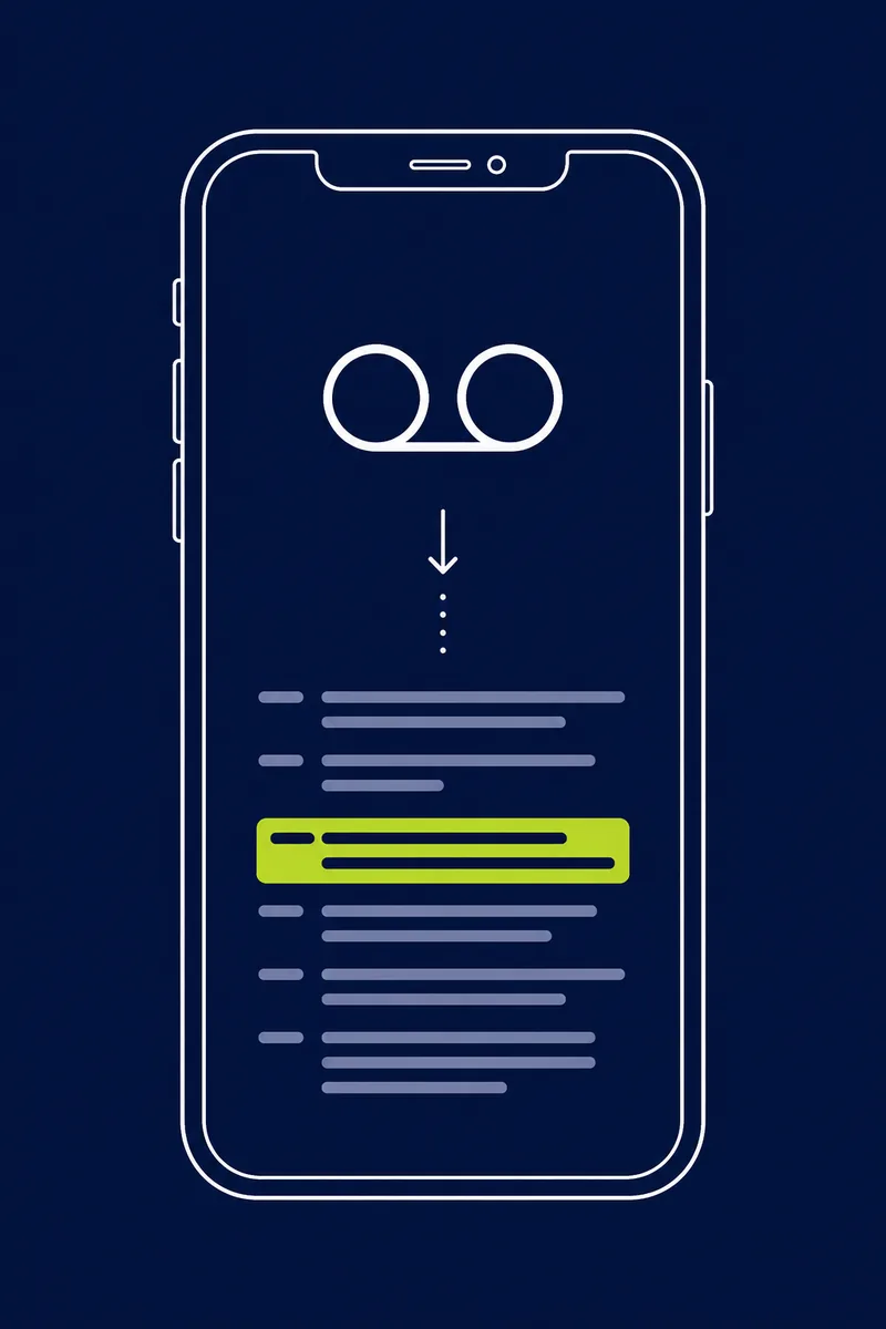 Line-art smartphone showing a voicemail icon turning into a scrolling text transcript, one line highlighted in lime green