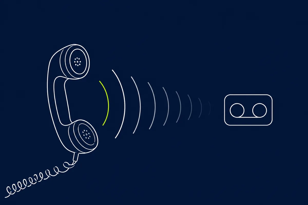 Line-art illustration of a phone handset ringing out toward a voicemail cassette icon, one sound wave highlighted in lime green