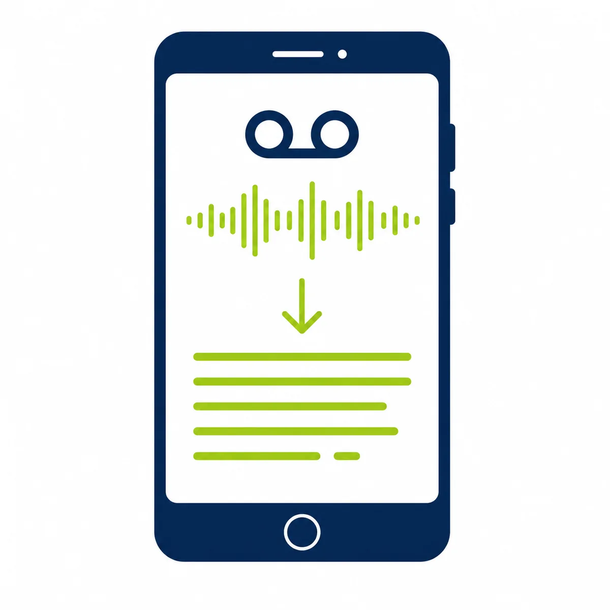Illustration of a voicemail icon on a smartphone transforming into a text transcript, one line highlighted in lime green